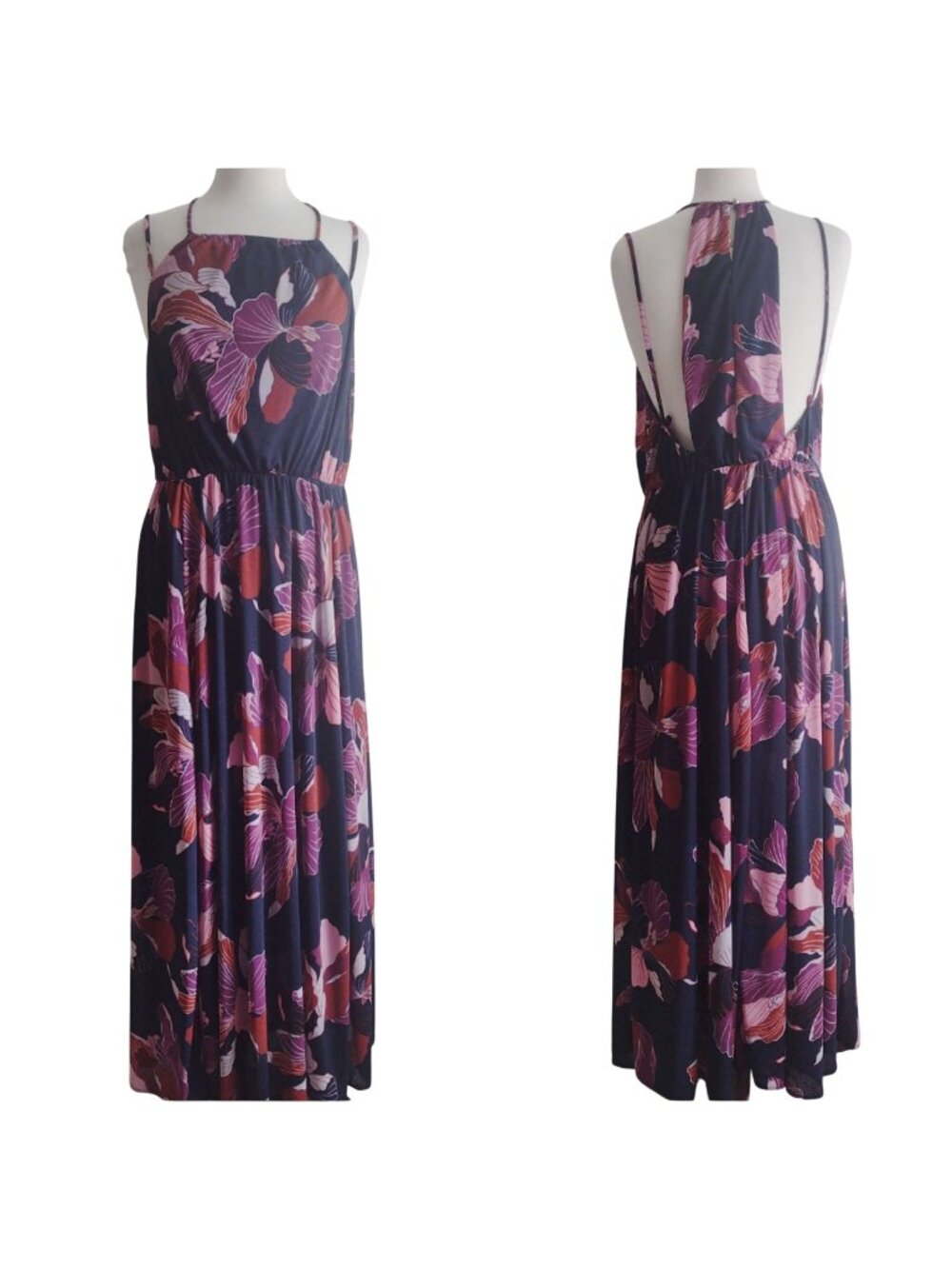 Anthropologie Floral Halter Dress L NEW Navy Purple Strappy Open Back Maxi